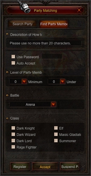 Register Party Matching Tap